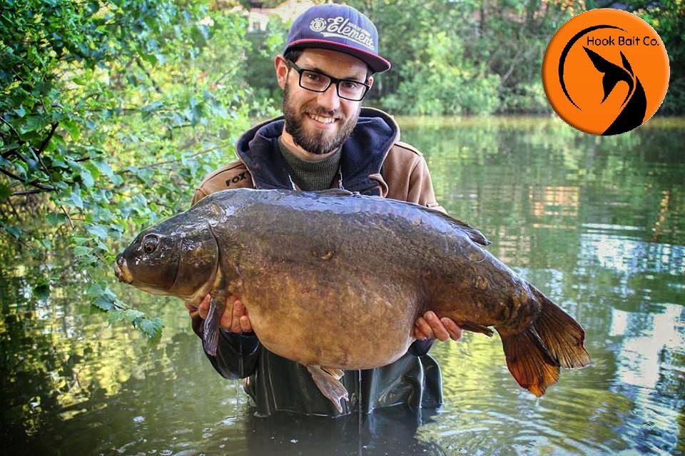 The Hook Bait Company field tester Lewis Gaukrodger with a specimen mirror carp